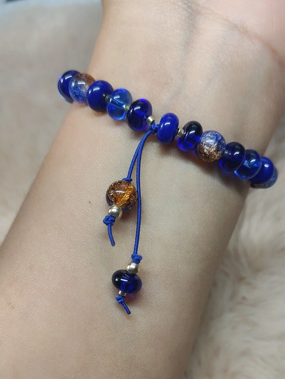 Blue and Amber Glass Bead Stretch Bracelet